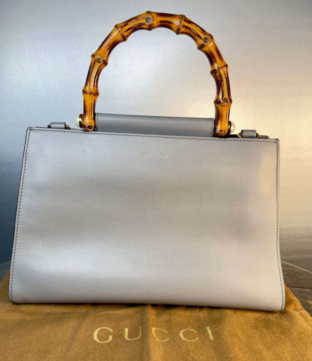 Authentic Gucci Nymphaea Bamboo Leather Top Handle Bag Gray Medium Satchel Tote
